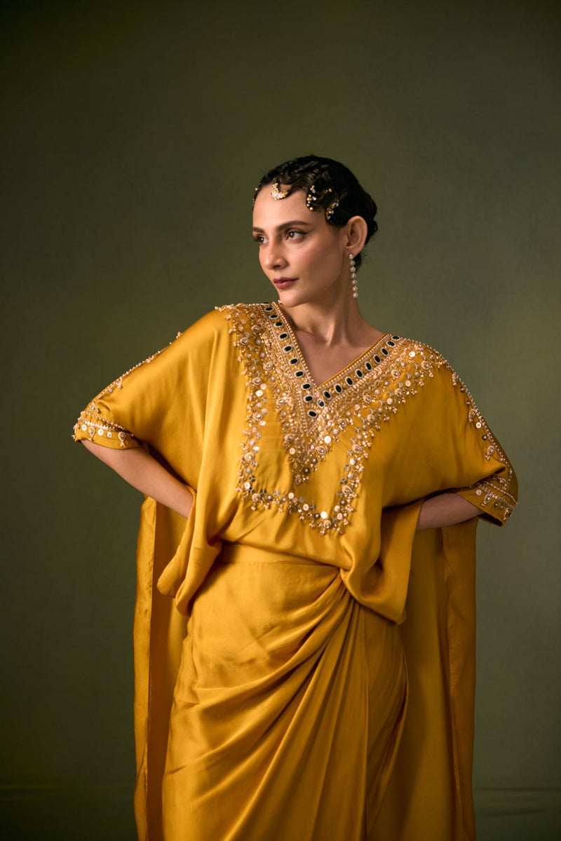 Nexa Antifit Top with Wrap Skirt vegan satin indo-western by PRAHNAAYA in musturd yellow for women in Singapore