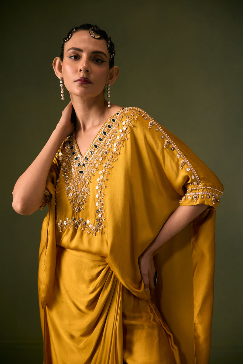 Nexa Antifit Top with Wrap Skirt vegan satin indo-western by PRAHNAAYA in musturd yellow for women in Singapore