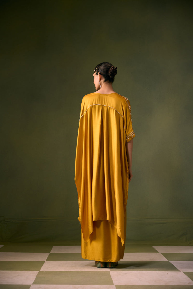 Nexa Antifit Top with Wrap Skirt vegan satin indo-western by PRAHNAAYA in musturd yellow for women in Singapore