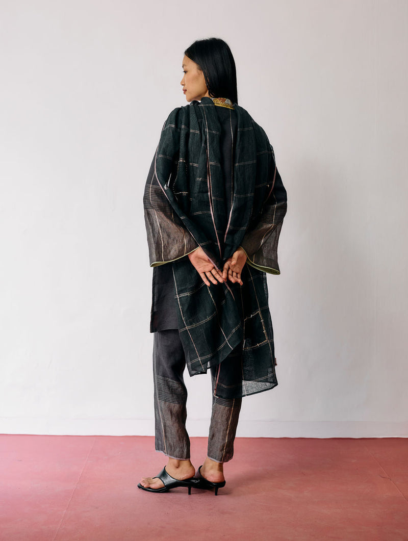 Nila Tapered Metallic Linen Pants-Charcoal linen pant/trousers by Manan in black for women in Singapore