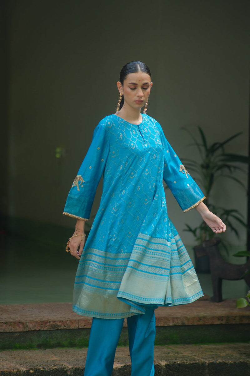 Nadi Kurta Set brocade, chanderi silk kurta/kurta set by Myoho in turqouise for women in Singapore