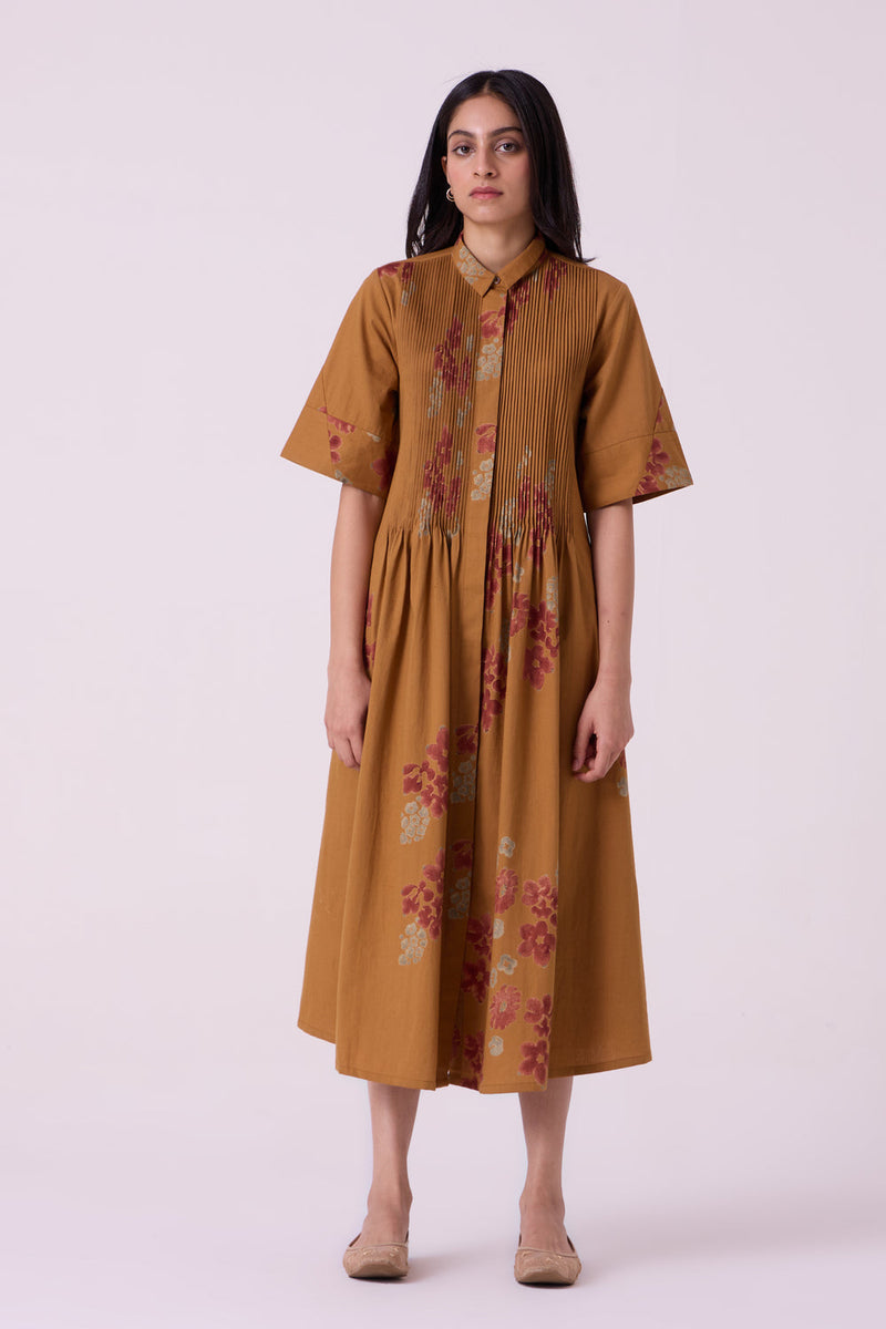 Minerva Floral Hand Printed Midi Dress hand block printed handwoven khadi x cotton dress by The Summer House in brown for women in Singapore