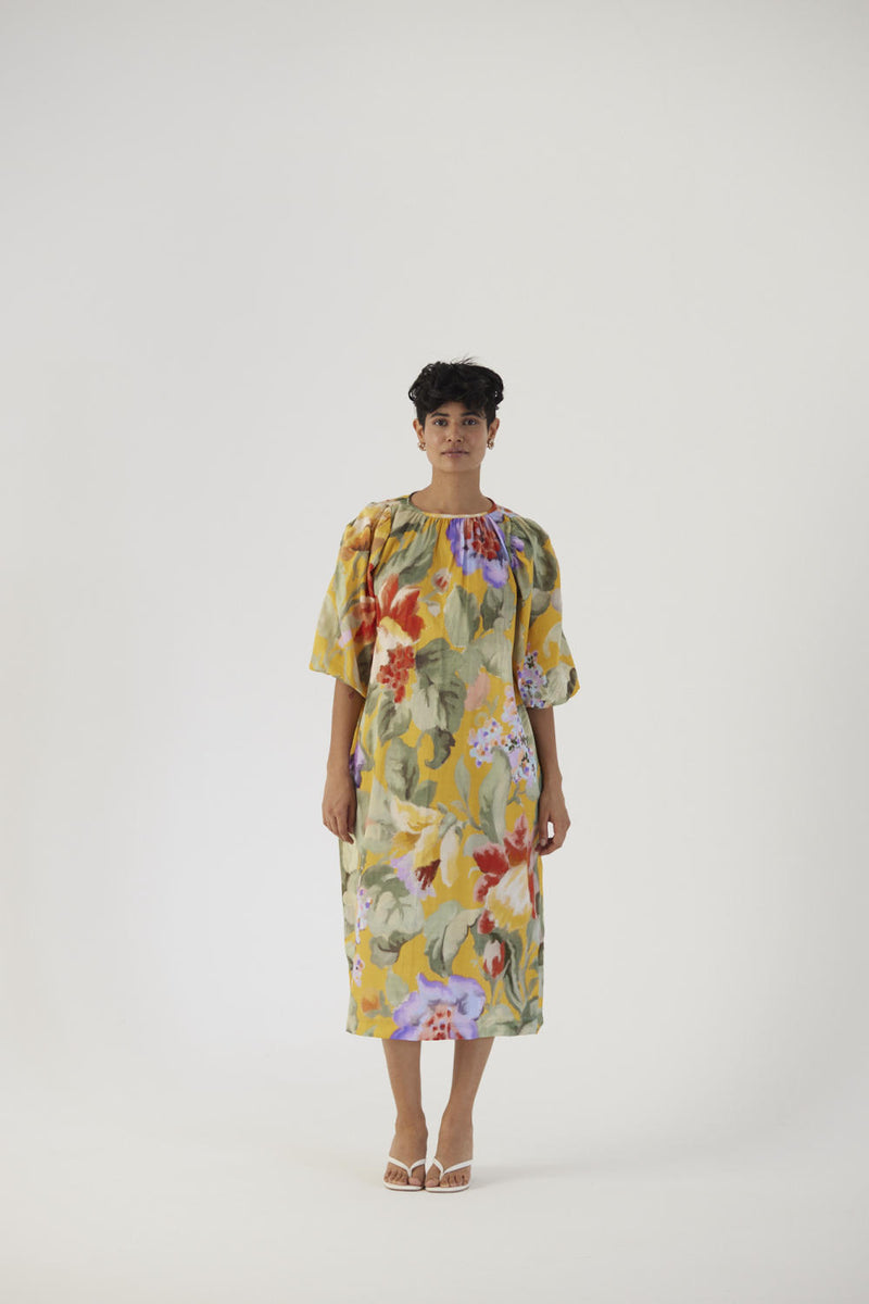ALLORA YELLOW MIDI DRESS satin Dress by Yam in yellow color for women in Singapore