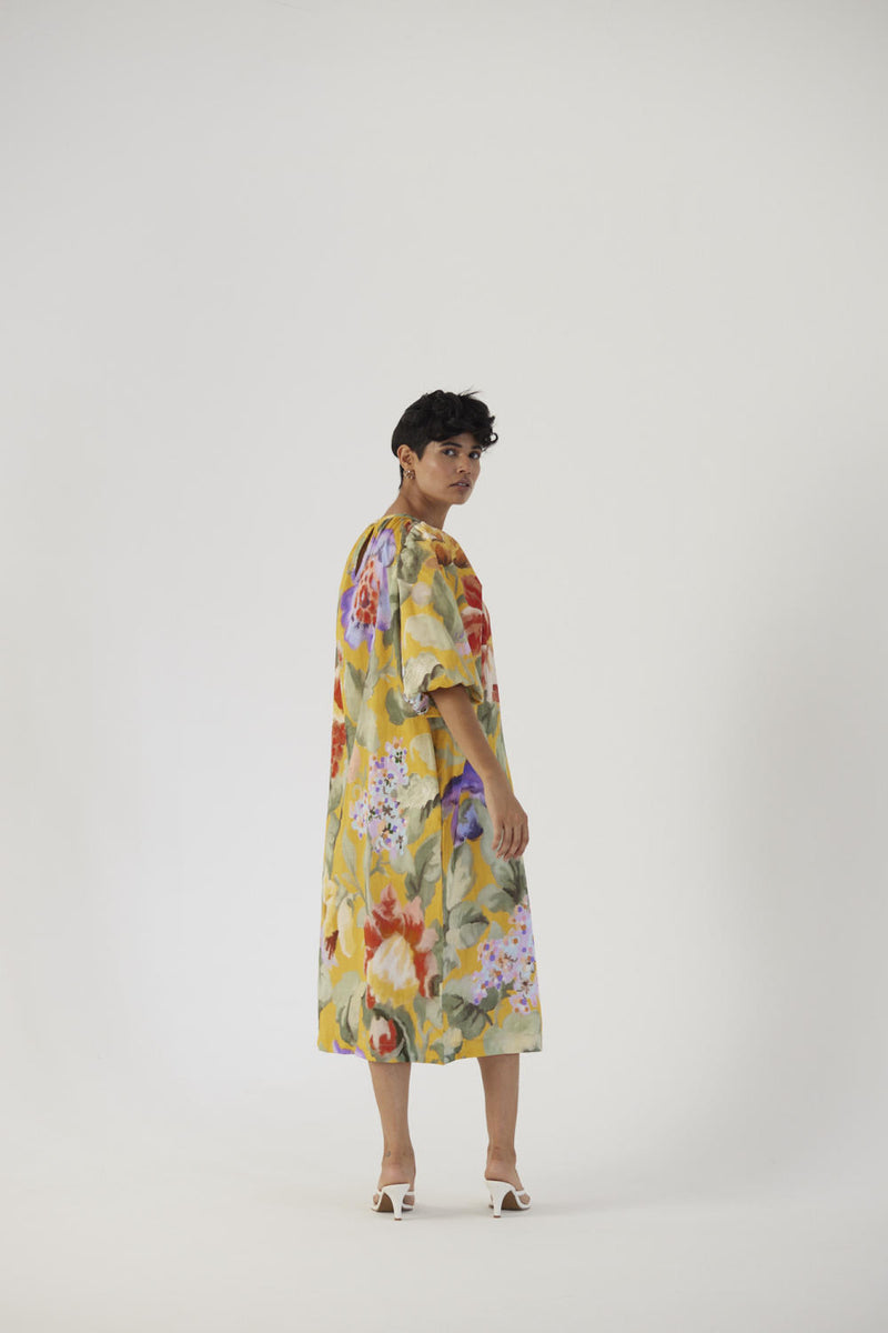 ALLORA YELLOW MIDI DRESS satin Dress by Yam in yellow color for women in Singapore
