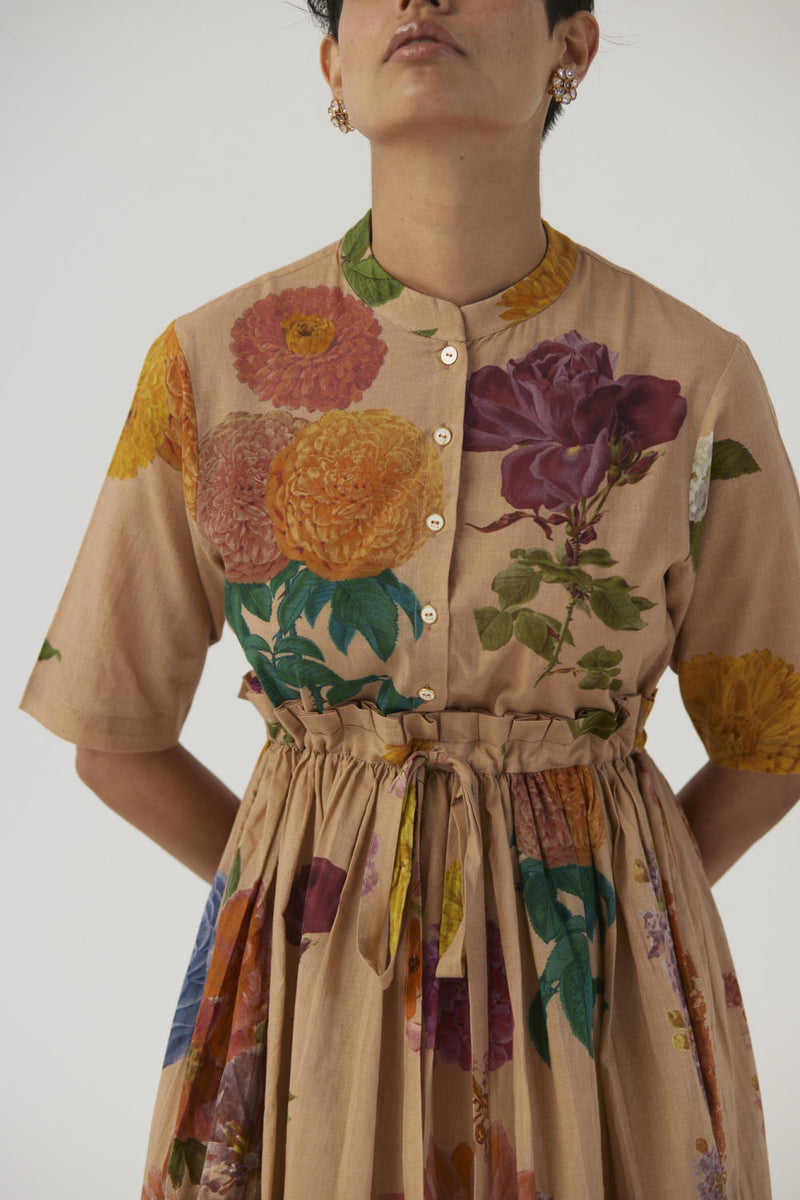 VINTAGE GARDEN GATHERED DRESS cotton Dress by Yam in beige color for women in Singapore