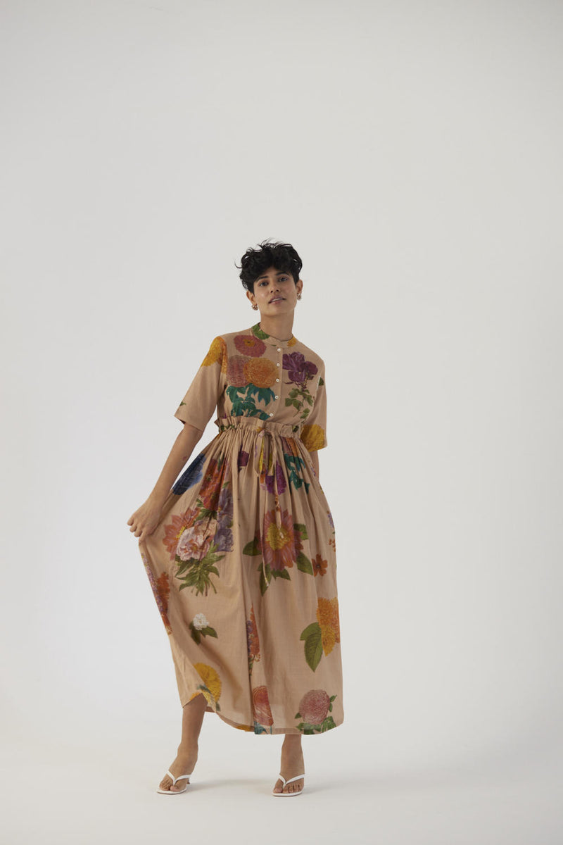 VINTAGE GARDEN GATHERED DRESS cotton Dress by Yam in beige color for women in Singapore