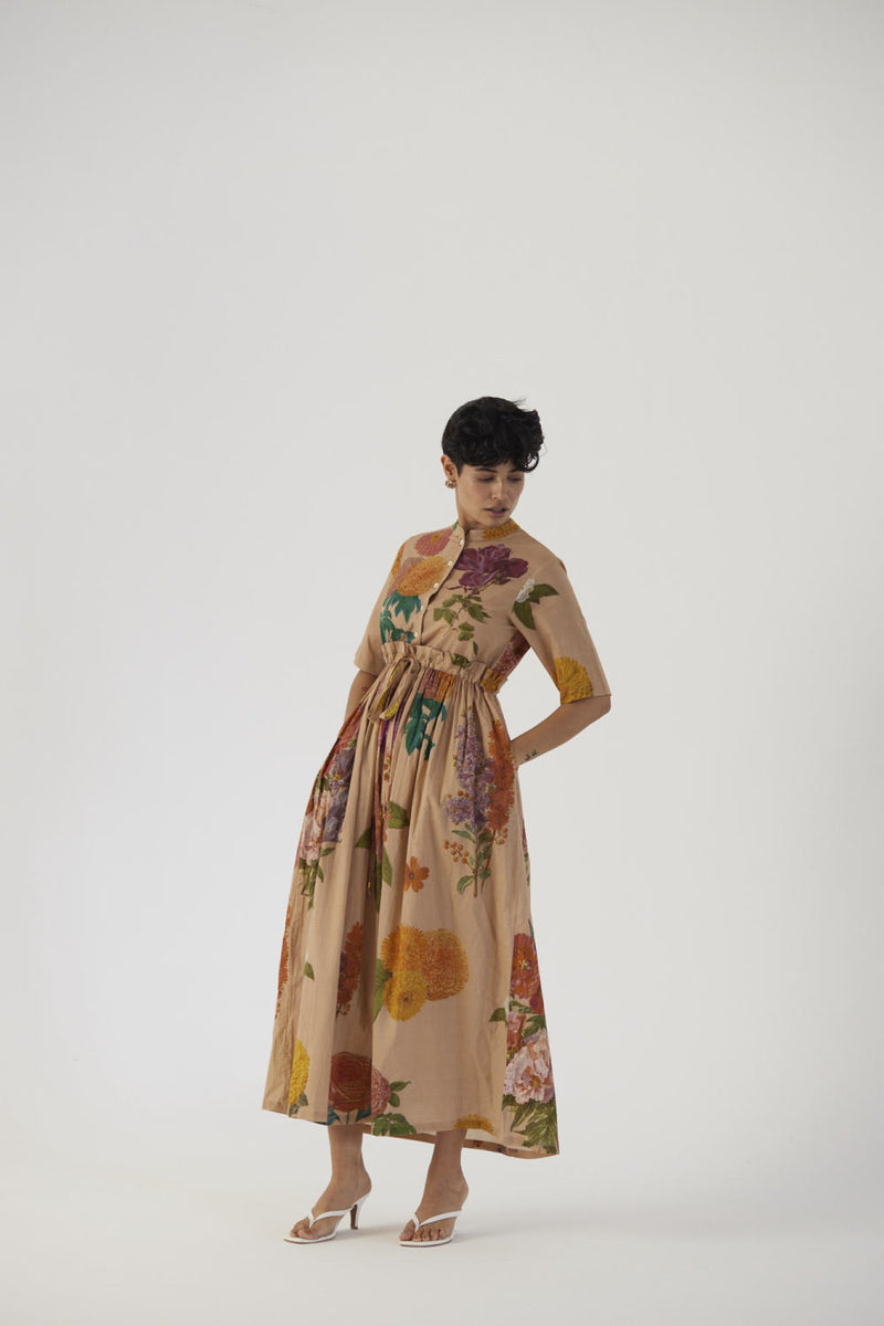 VINTAGE GARDEN GATHERED DRESS cotton Dress by Yam in beige color for women in Singapore