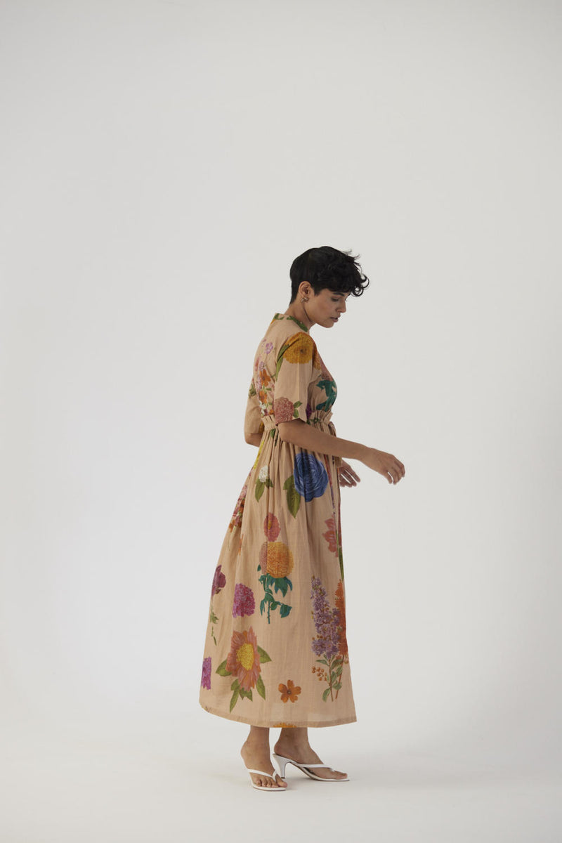 VINTAGE GARDEN GATHERED DRESS cotton Dress by Yam in beige color for women in Singapore