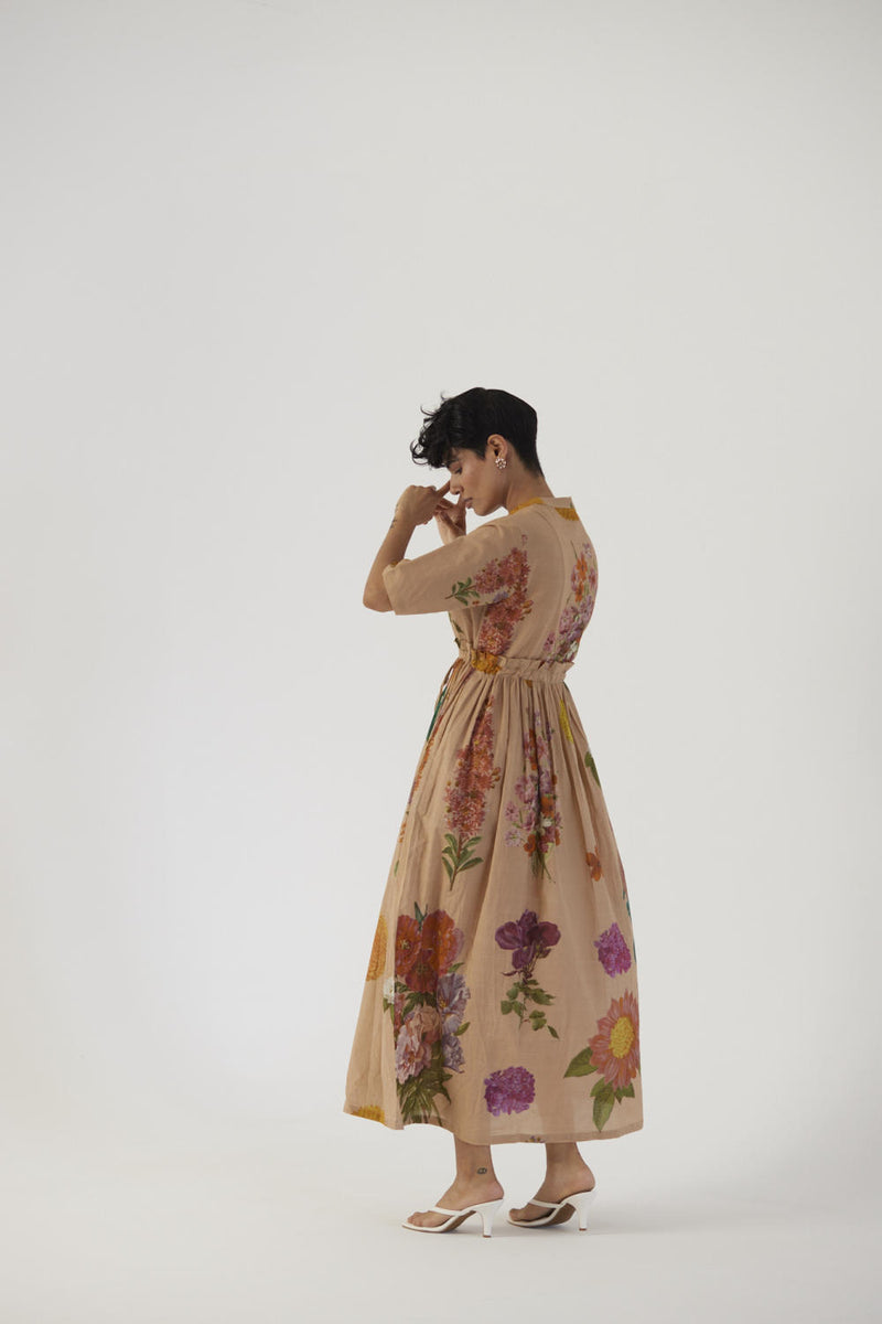 VINTAGE GARDEN GATHERED DRESS cotton Dress by Yam in beige color for women in Singapore