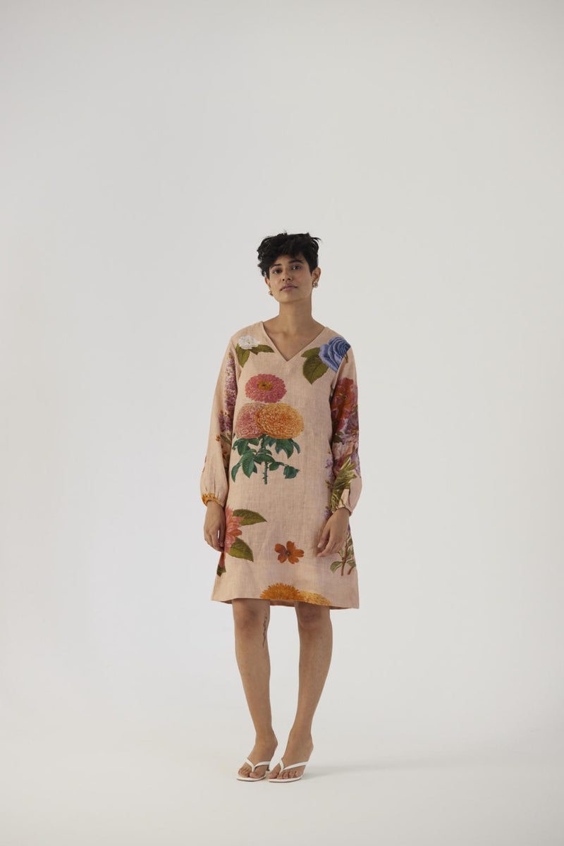 VINTAGE GARDEN SHORT DRESS linen Dress by Yam in beige color for women in Singapore