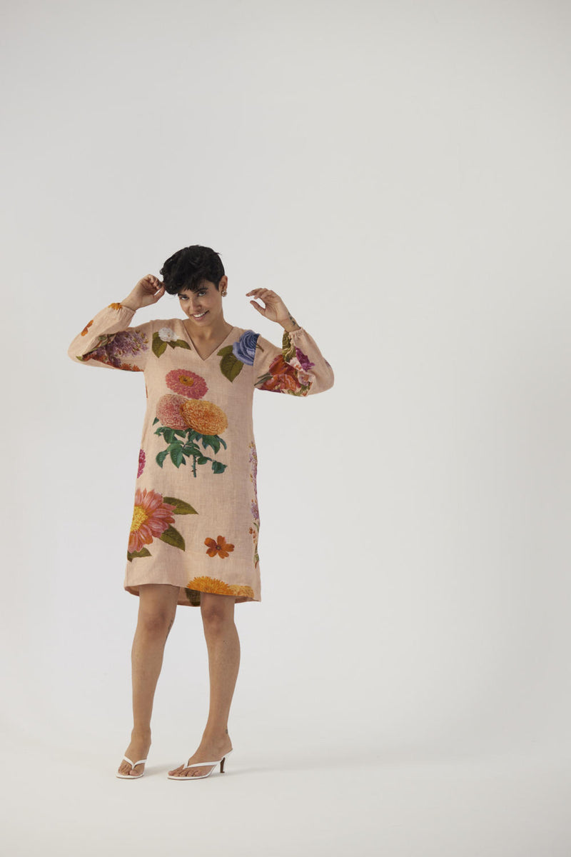 VINTAGE GARDEN SHORT DRESS linen Dress by Yam in beige color for women in Singapore