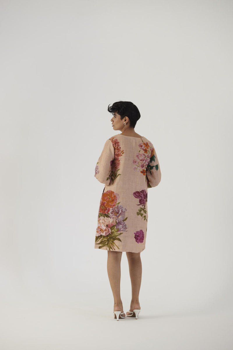 VINTAGE GARDEN SHORT DRESS linen Dress by Yam in beige color for women in Singapore