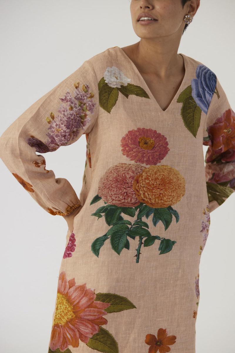 VINTAGE GARDEN SHORT DRESS linen Dress by Yam in beige color for women in Singapore