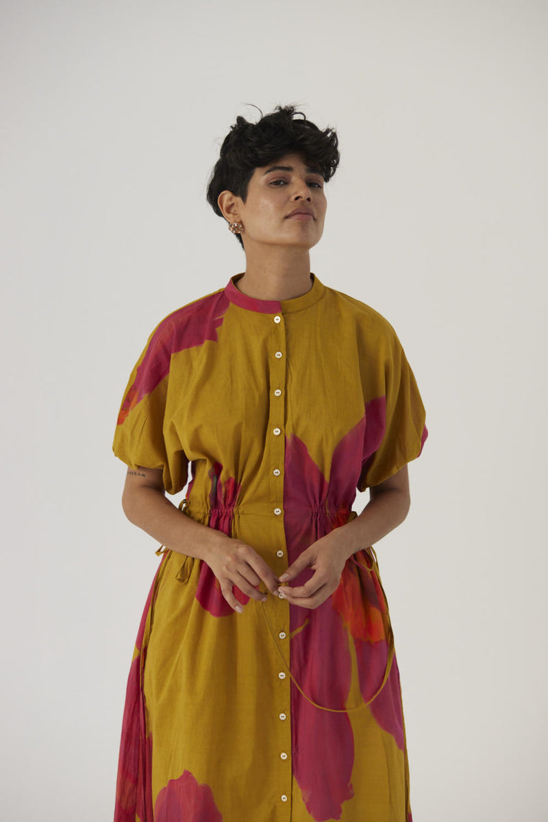 PINK POPPIES SIDE TIE-UP DRESS cotton Dress by Yam in mustard color for women in Singapore