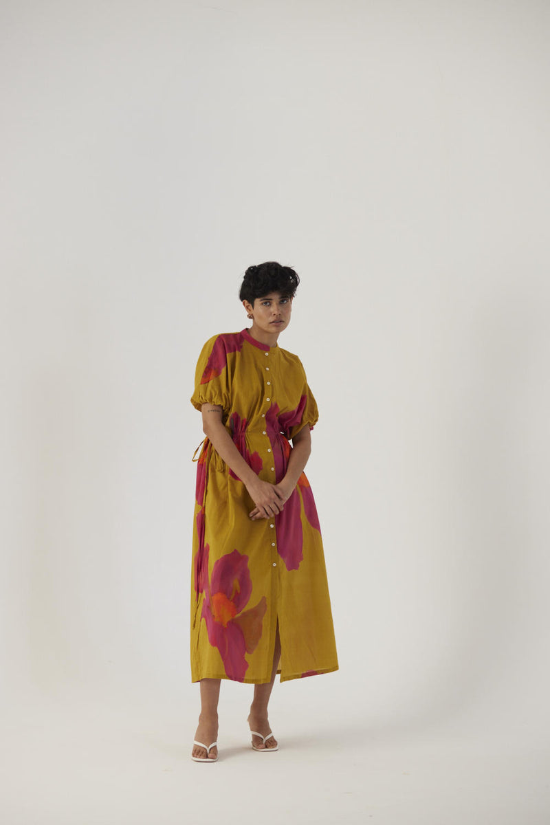 PINK POPPIES SIDE TIE-UP DRESS cotton Dress by Yam in mustard color for women in Singapore
