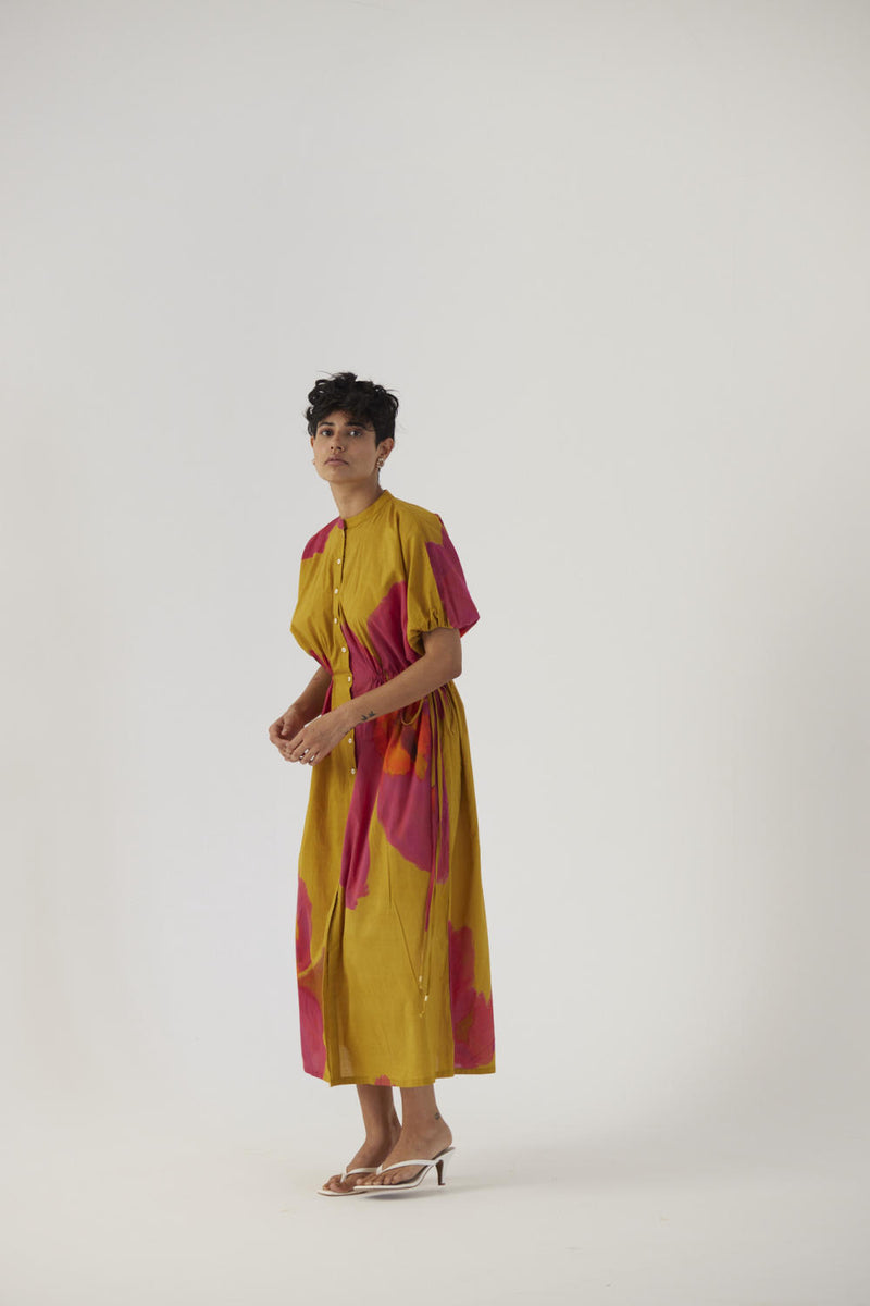 PINK POPPIES SIDE TIE-UP DRESS cotton Dress by Yam in mustard color for women in Singapore