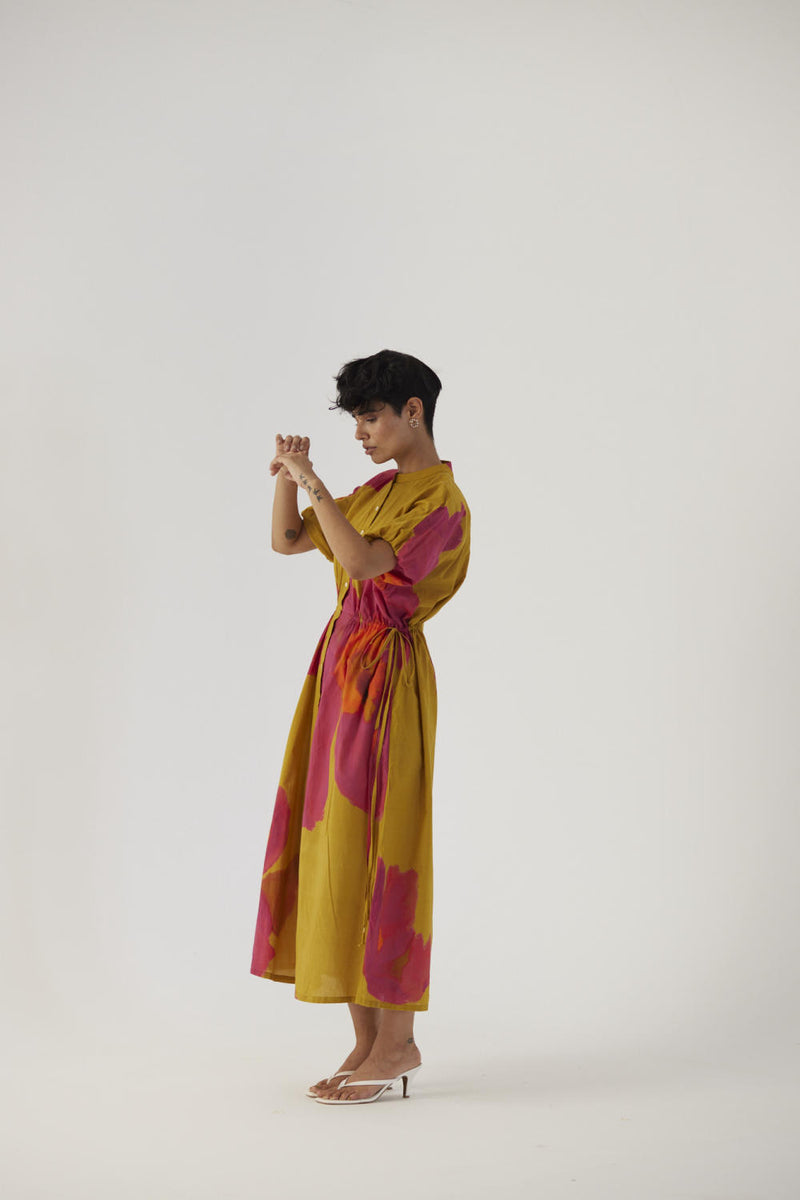 PINK POPPIES SIDE TIE-UP DRESS cotton Dress by Yam in mustard color for women in Singapore