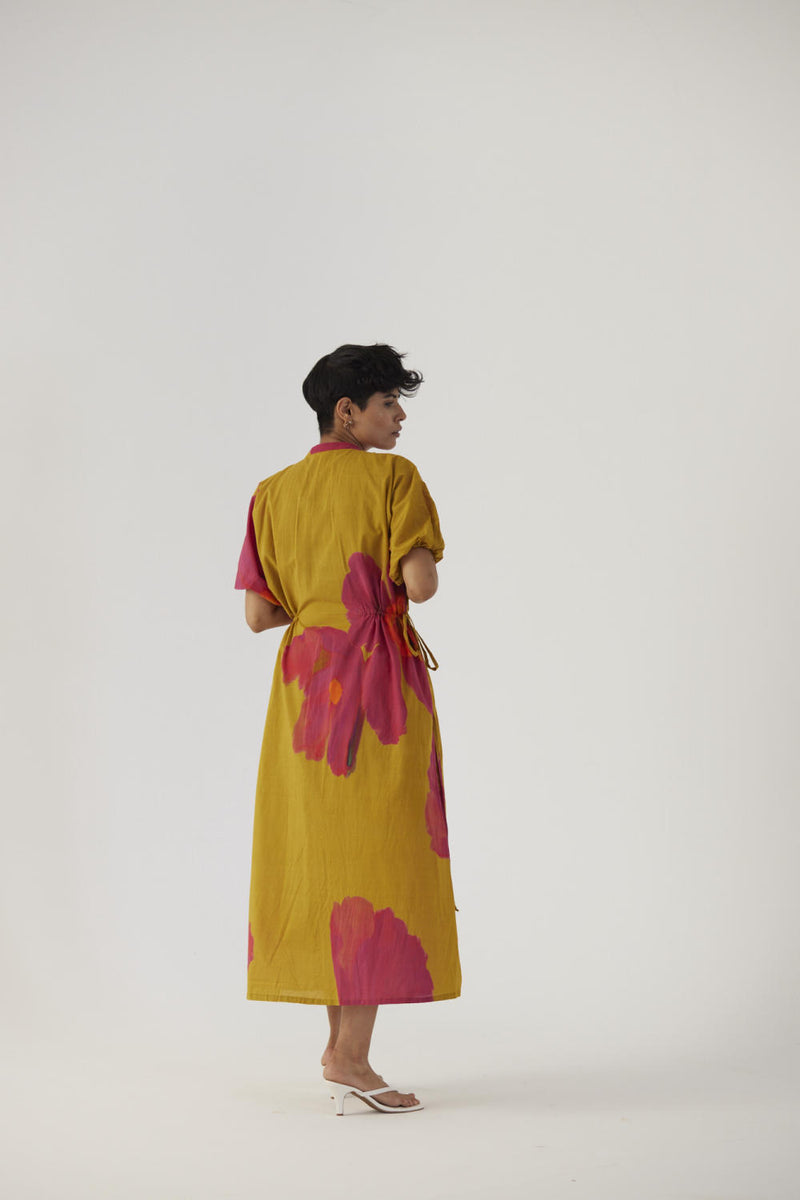 PINK POPPIES SIDE TIE-UP DRESS cotton Dress by Yam in mustard color for women in Singapore