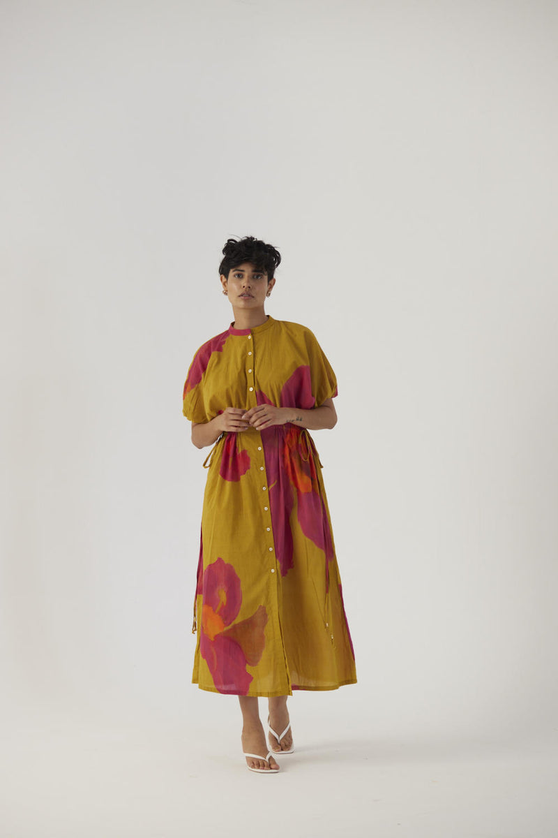 PINK POPPIES SIDE TIE-UP DRESS cotton Dress by Yam in mustard color for women in Singapore