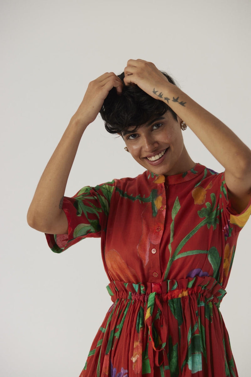 BIG BOTANICAL RED GATHERED DRESS cotton Dress by Yam in red color for women in Singapore