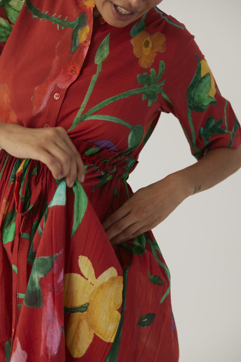 BIG BOTANICAL RED GATHERED DRESS cotton Dress by Yam in red color for women in Singapore