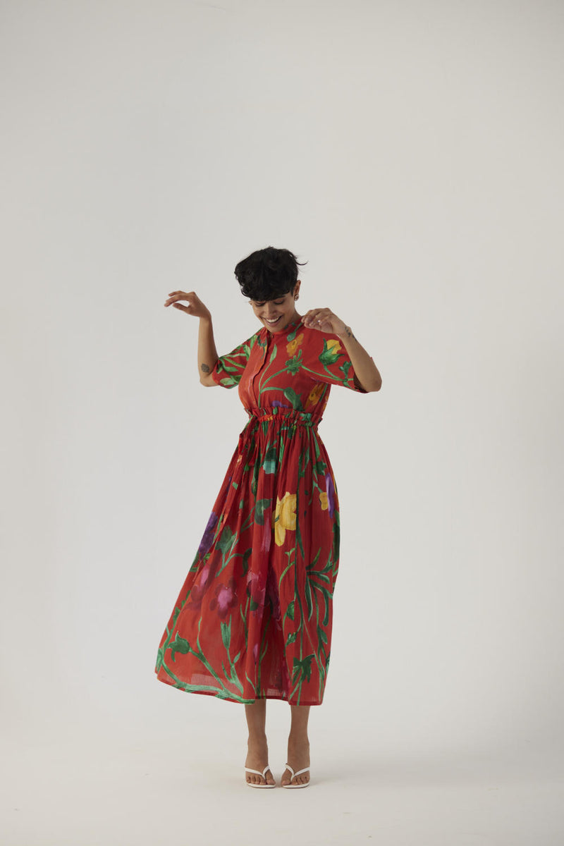 BIG BOTANICAL RED GATHERED DRESS cotton Dress by Yam in red color for women in Singapore