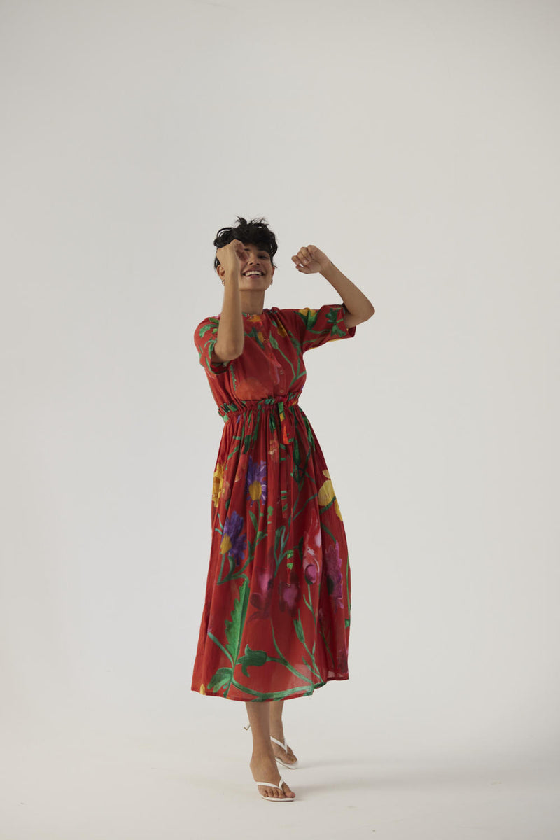 BIG BOTANICAL RED GATHERED DRESS cotton Dress by Yam in red color for women in Singapore