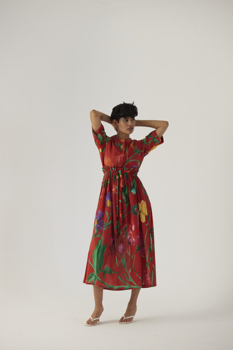 BIG BOTANICAL RED GATHERED DRESS cotton Dress by Yam in red color for women in Singapore