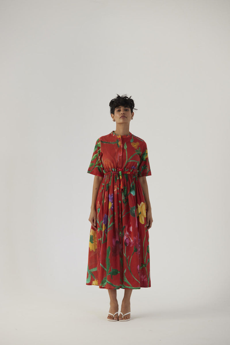 BIG BOTANICAL RED GATHERED DRESS cotton Dress by Yam in red color for women in Singapore