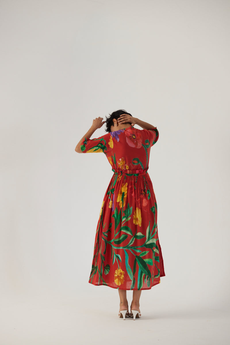 BIG BOTANICAL RED GATHERED DRESS cotton Dress by Yam in red color for women in Singapore
