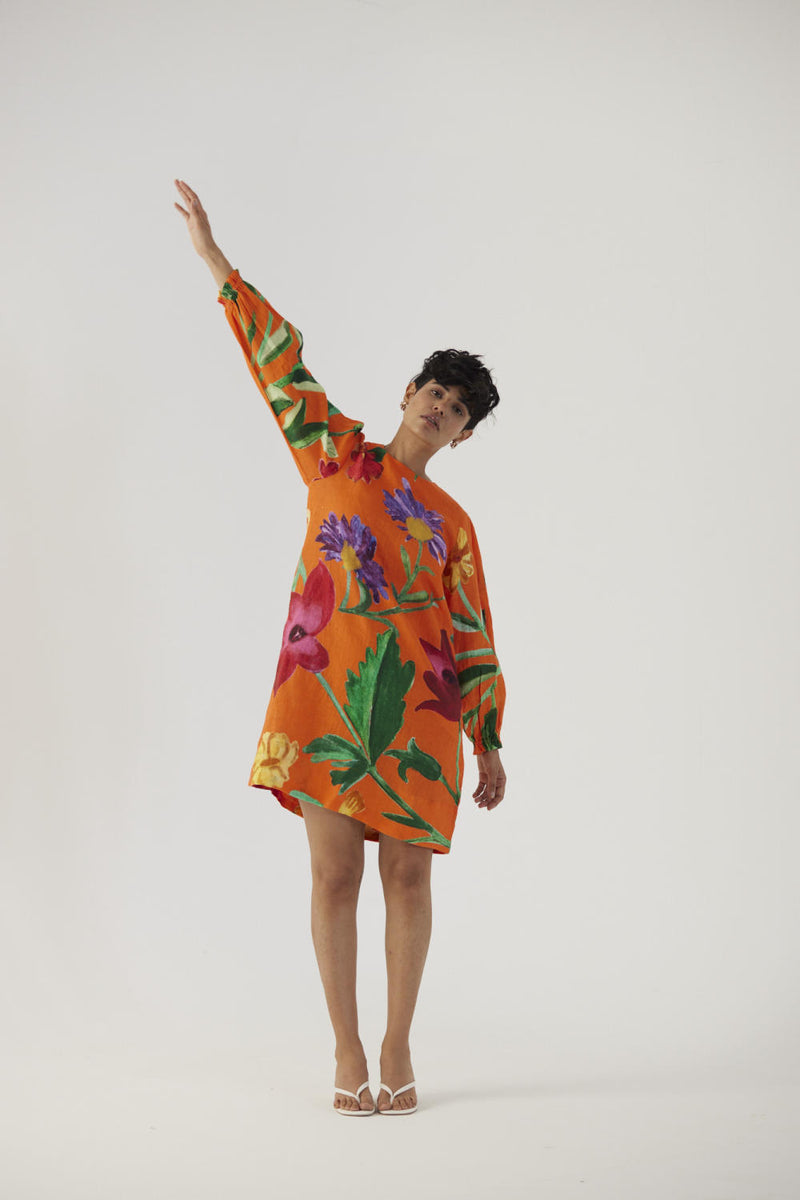 BIG BOTANICAL ORANGE LINEN SHORT DRESS linen Dress by Yam in orange color for women in Singapore