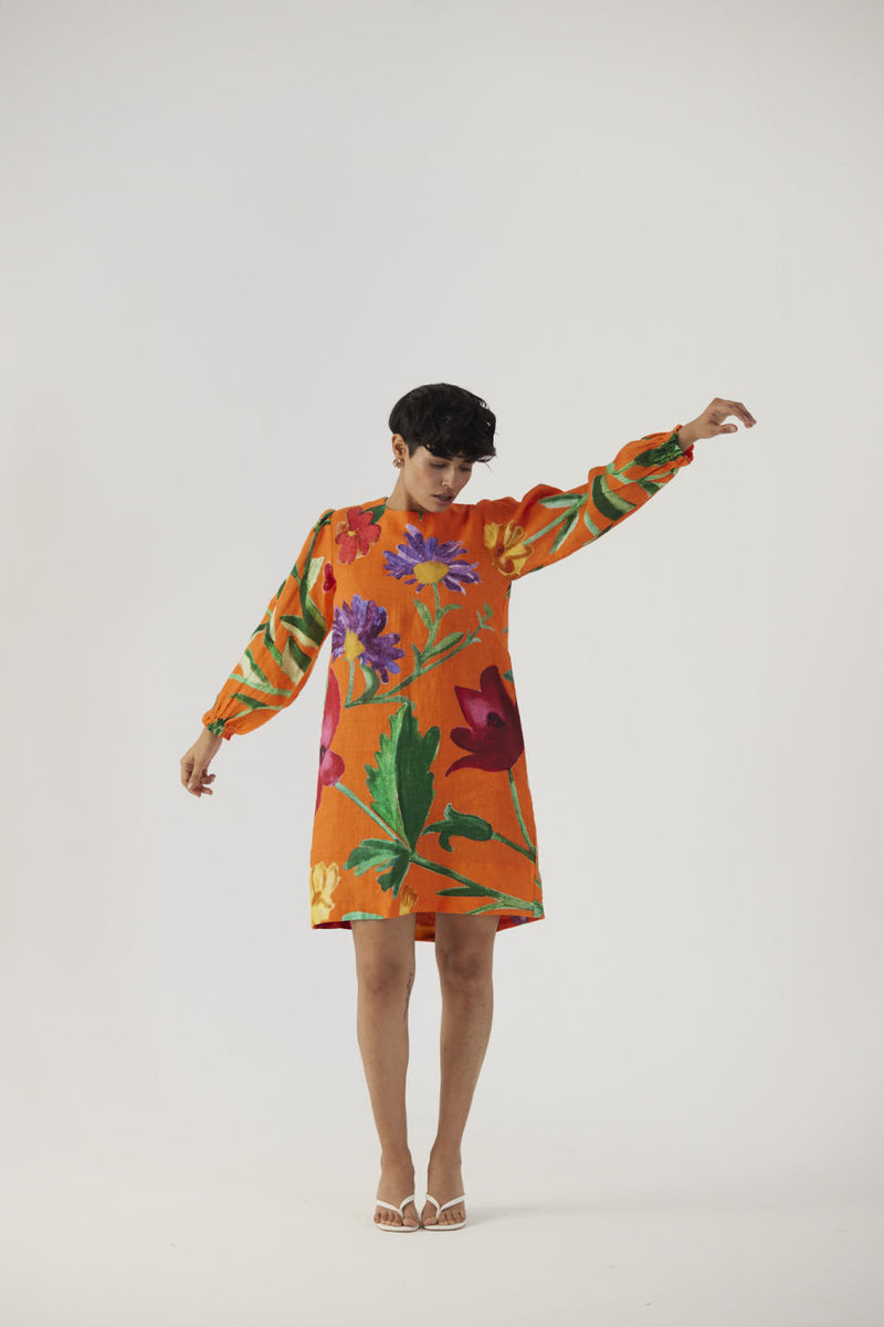 BIG BOTANICAL ORANGE LINEN SHORT DRESS linen Dress by Yam in orange color for women in Singapore