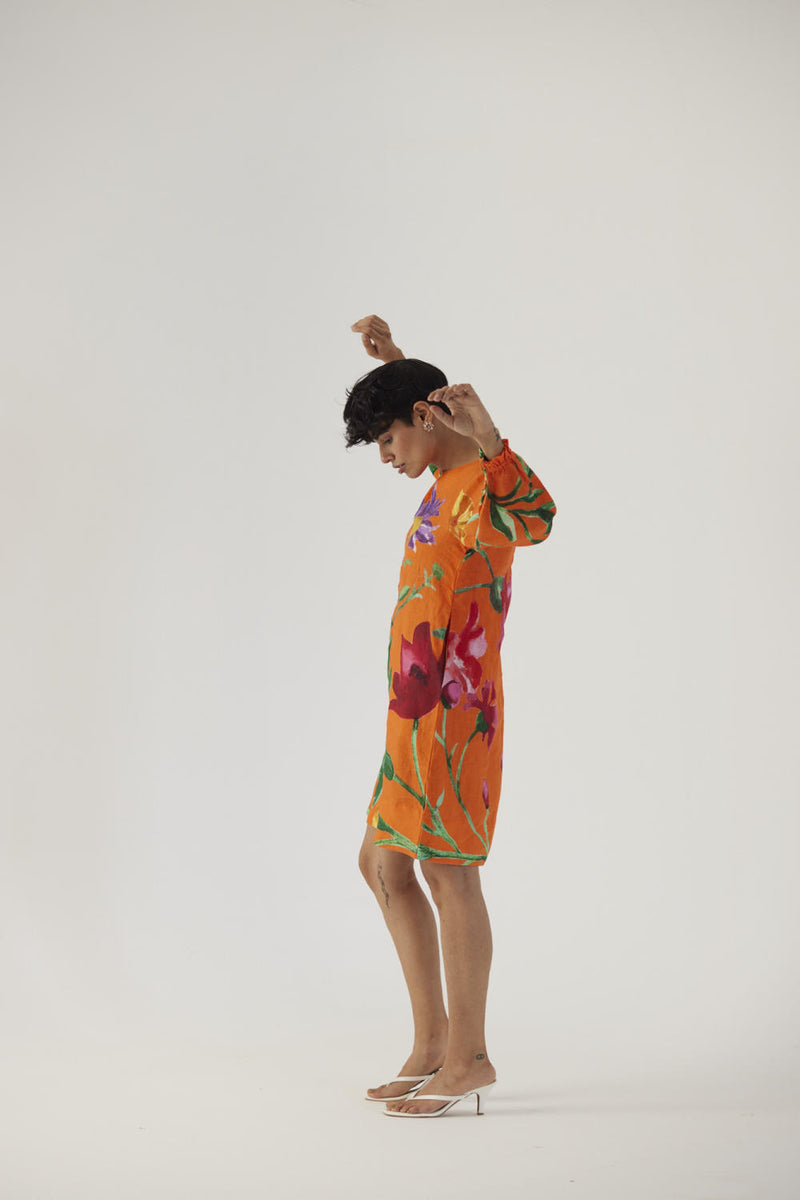 BIG BOTANICAL ORANGE LINEN SHORT DRESS linen Dress by Yam in orange color for women in Singapore