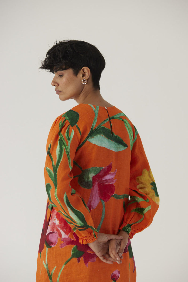 BIG BOTANICAL ORANGE LINEN SHORT DRESS linen Dress by Yam in orange color for women in Singapore