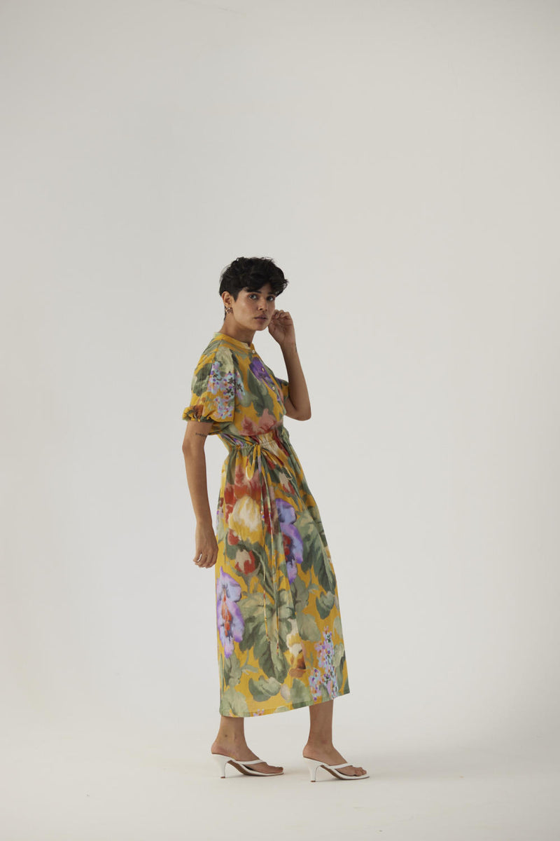 ALLORA YELLOW SIDE TIE-UP DRESS cotton Dress by Yam in yellow color for women in Singapore
