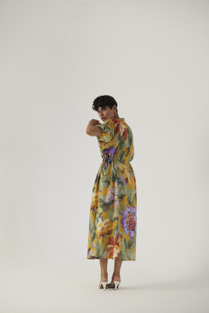 ALLORA YELLOW SIDE TIE-UP DRESS cotton Dress by Yam in yellow color for women in Singapore