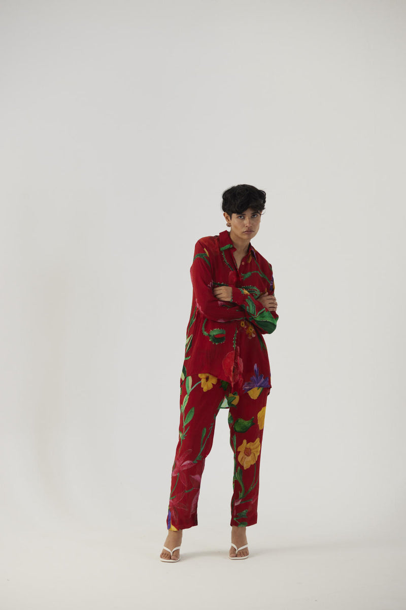 BIG BOTANICAL RED CREPE COORD SET Co-ord Sets by Yam in red color for women in Singapore
