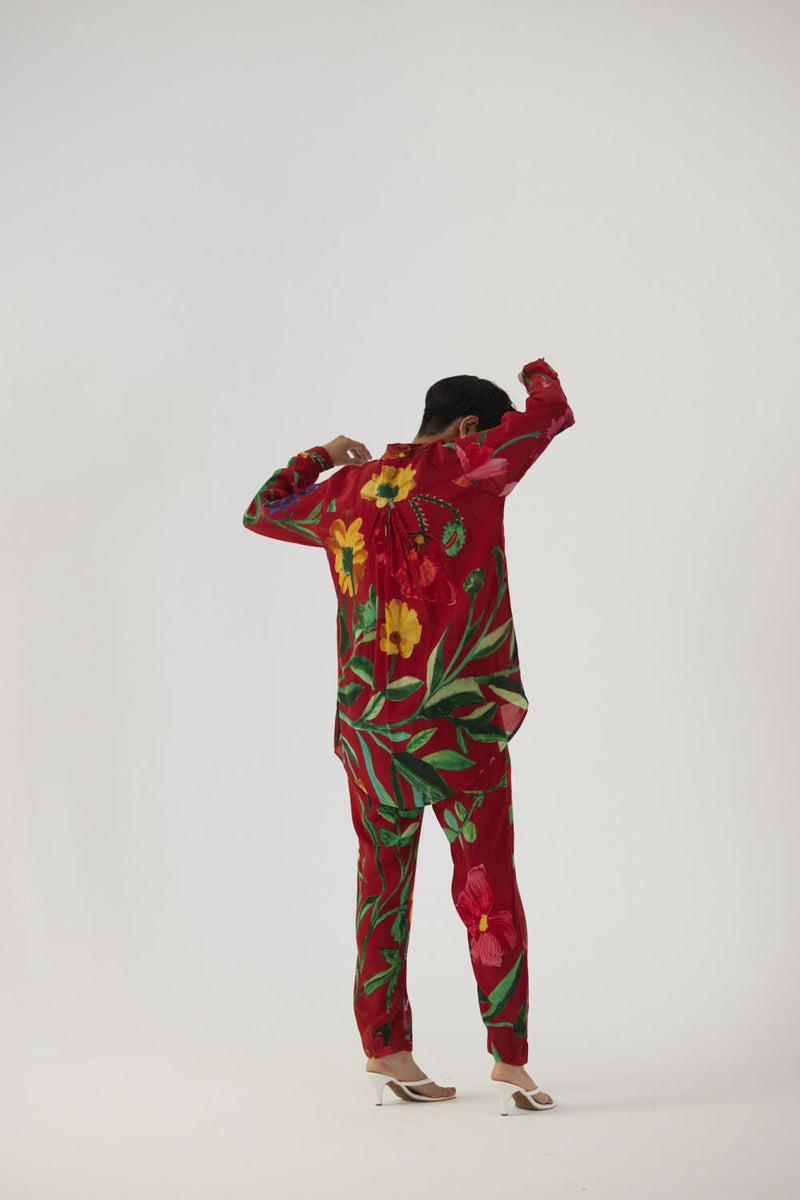 BIG BOTANICAL RED CREPE COORD SET Co-ord Sets by Yam in red color for women in Singapore