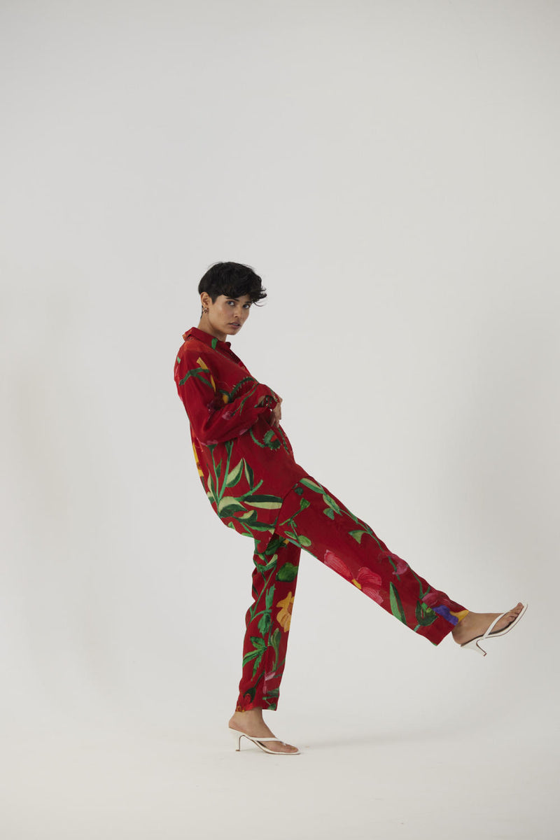 BIG BOTANICAL RED CREPE COORD SET Co-ord Sets by Yam in red color for women in Singapore