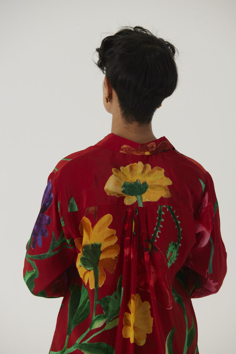 BIG BOTANICAL RED CREPE COORD SET Co-ord Sets by Yam in red color for women in Singapore