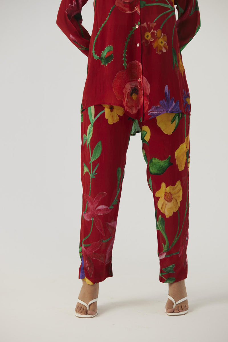 BIG BOTANICAL RED CREPE COORD SET Co-ord Sets by Yam in red color for women in Singapore