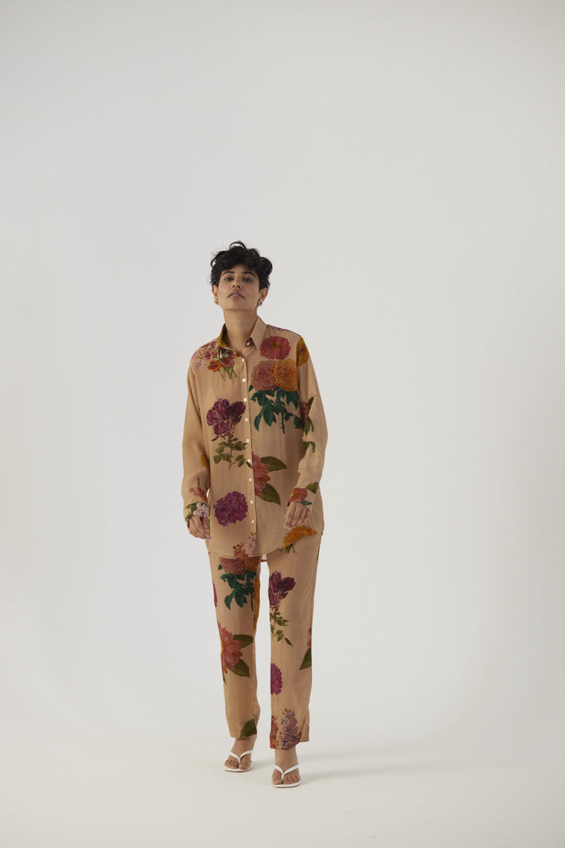 VINTAGE GARDEN CREPE COORD SET Co-ord Sets by Yam in beige color for women in Singapore