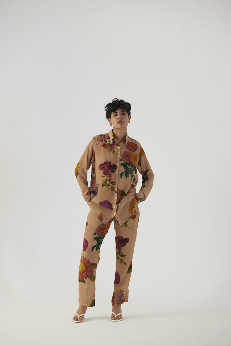 VINTAGE GARDEN CREPE COORD SET Co-ord Sets by Yam in beige color for women in Singapore