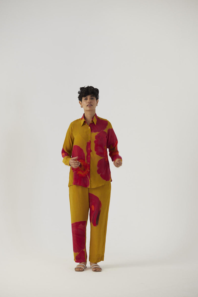 PINK POPPIES CREPE COORD SET Co-ord Sets by Yam in mustard color for women in Singapore