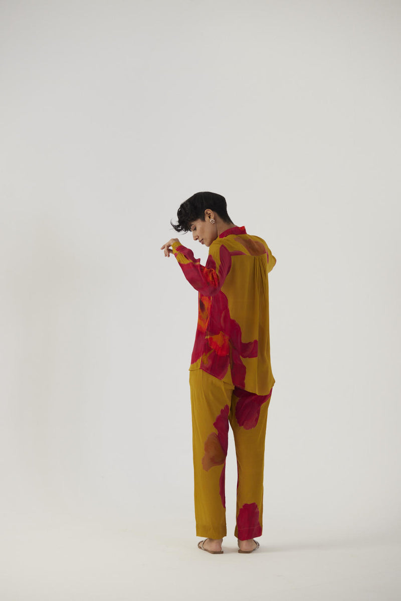 PINK POPPIES CREPE COORD SET Co-ord Sets by Yam in mustard color for women in Singapore