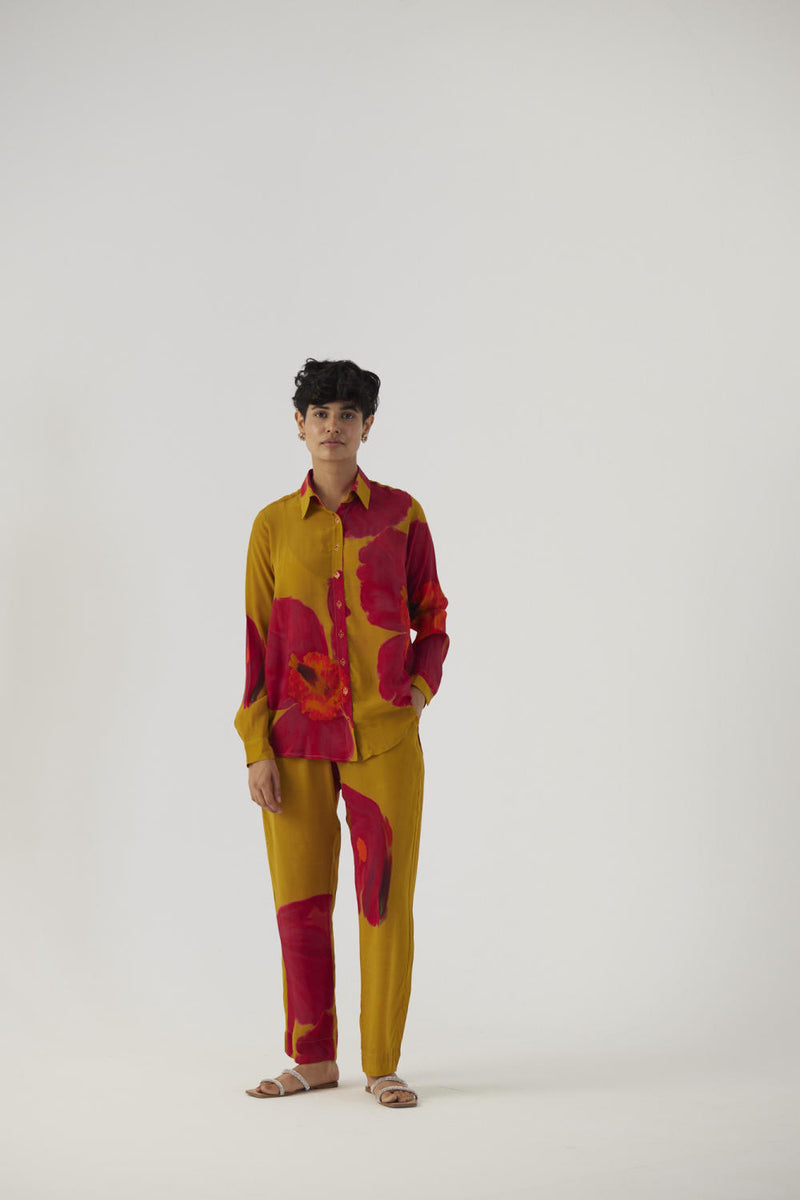 PINK POPPIES CREPE COORD SET Co-ord Sets by Yam in mustard color for women in Singapore