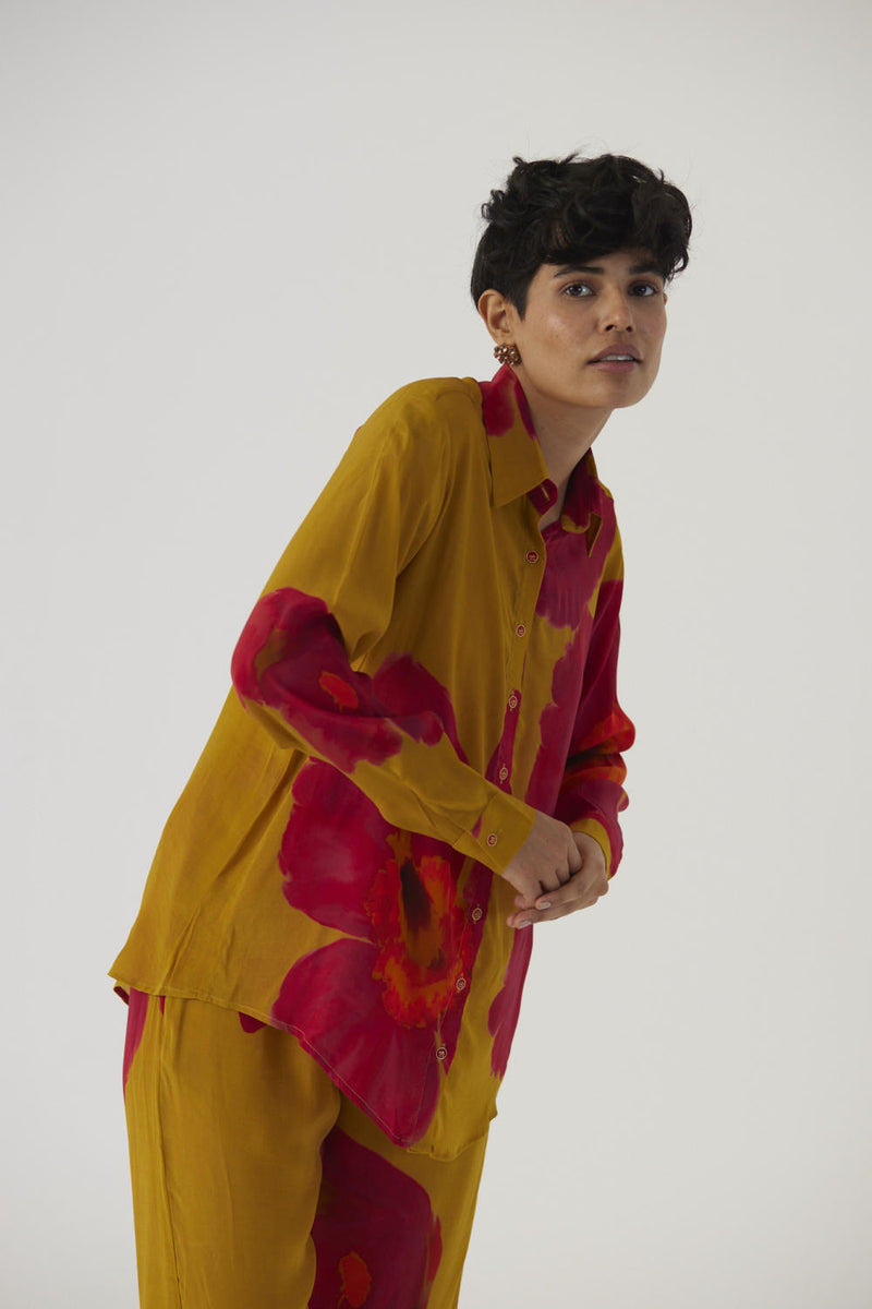 PINK POPPIES CREPE COORD SET Co-ord Sets by Yam in mustard color for women in Singapore