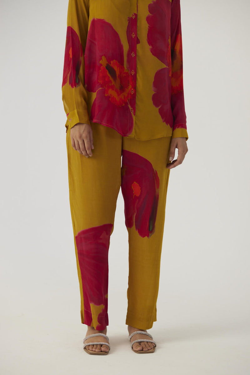 PINK POPPIES CREPE COORD SET Co-ord Sets by Yam in mustard color for women in Singapore