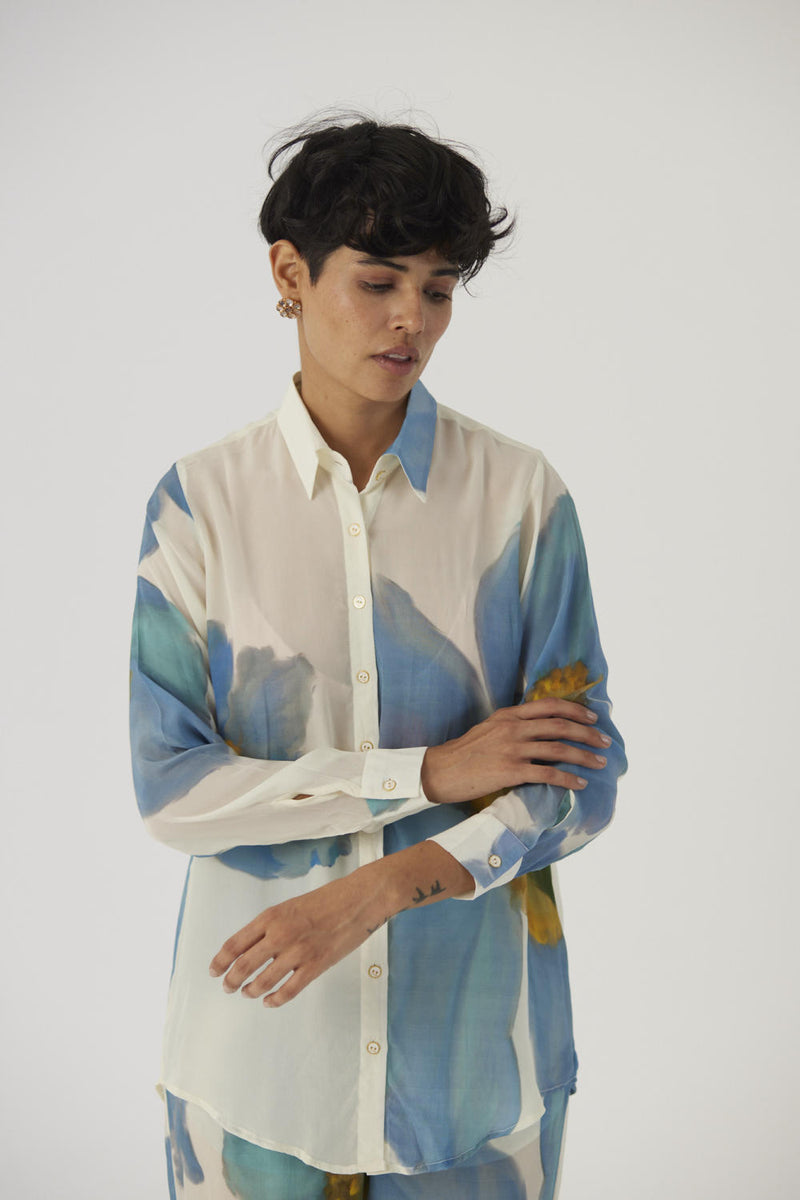 BLUE POPPIES CREPE COORD SET Co-ord Sets by Yam in white color for women in Singapore