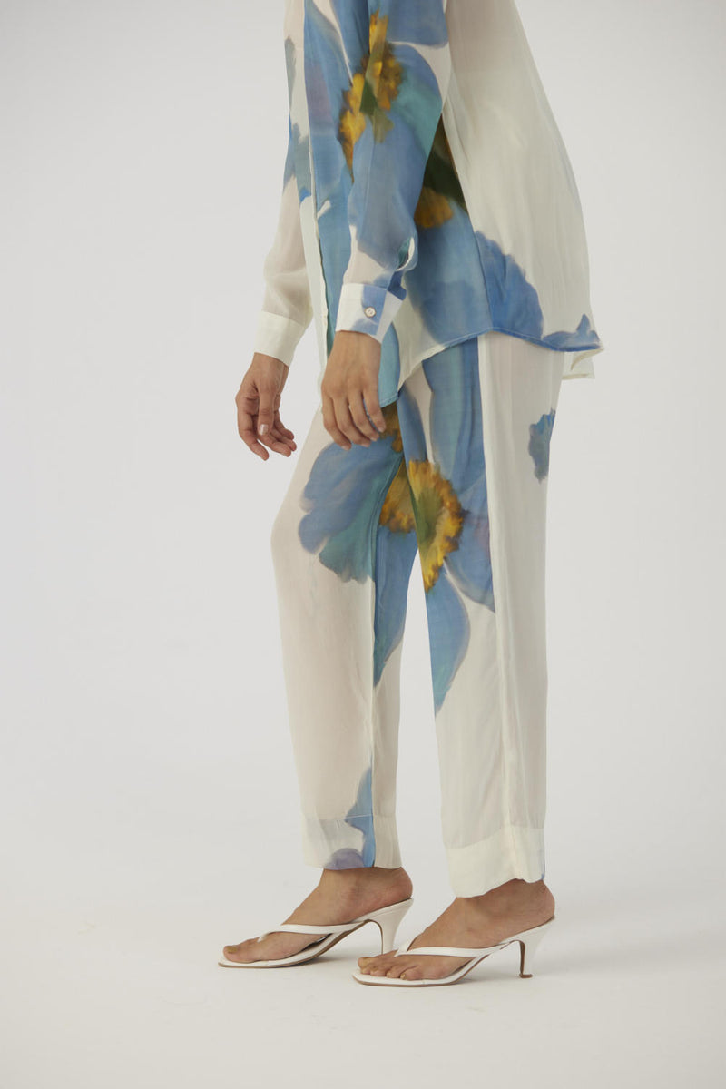 BLUE POPPIES CREPE COORD SET Co-ord Sets by Yam in white color for women in Singapore